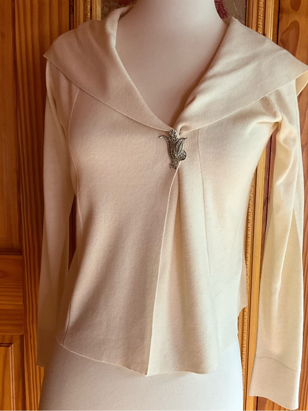 Moth Cream V-Neck Sweater with Decorative Brooch